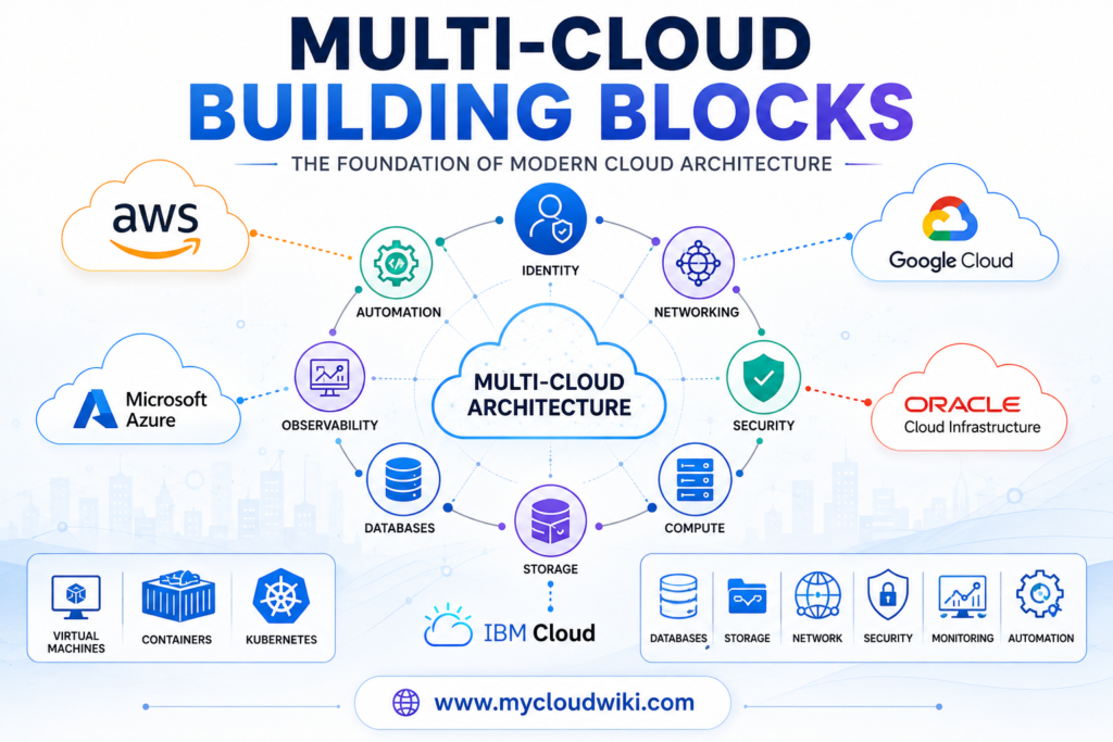 Cloud Building Blocks infographic showing compute, storage, networking, identity, security, databases, observability, and automation across AWS, Azure, Google Cloud, OCI, and IBM Cloud.