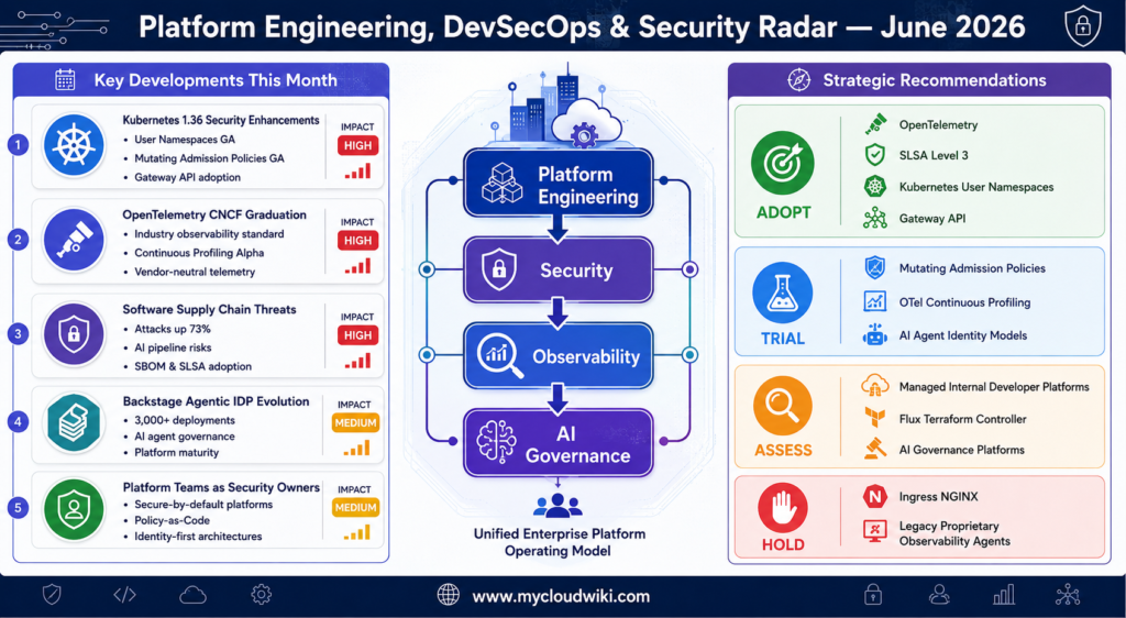 Enterprise technology radar dashboard showing Kubernetes 1.36 security enhancements, OpenTelemetry Graduation, software supply chain security trends, Backstage platform engineering developments, and strategic recommendations for enterprise architects.